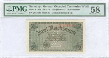 GREECE: 2 Reichsmark (ND 1940-45) in grayish ... 