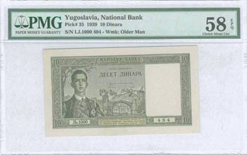 YUGOSLAVIA: 10 Dinara (22.9.1939) in green ... 
