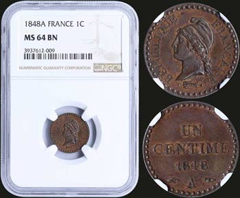 FRANCE: 1 Centime (1848 A) in bronze. Obv: ... 