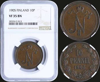 FINLAND: 10 Pennia (1905) in copper. Obv: ... 