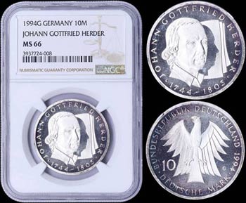 GERMANY: 10 Mark (1994 G) in silver (0,625) ... 
