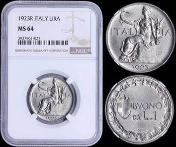 ITALY: 1 Lira (1923 R) in nickel. Obv: ... 