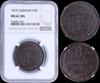 GUERNSEY: 8 Doubles (1874) in bronze. Obv: ... 