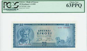 GREECE: 20 Drachmas (1.3.1955) in blue with ... 