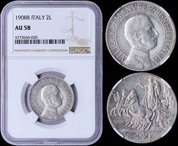 ITALY: 2 Lire (1908 R) in silver (0,835). ... 