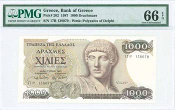 GREECE: 1000 Drachmas (1.7.1987) in brown on ... 