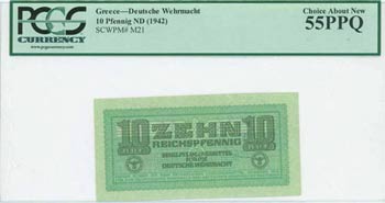 GREECE: 10 Reichspfennig (ND 1944) in green ... 