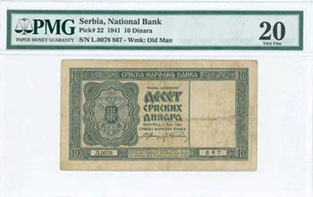 SERBIA: 10 Dinara (1.5.1941) in green on tan ... 