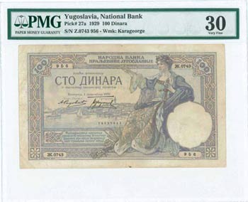 YUGOSLAVIA: 100 Dinara (1.12.1929) in purple ... 