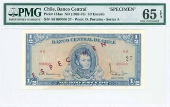 CHILE: Specimen of 1/2 Escudos (ND 1962-75) ... 