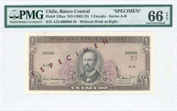 CHILE: Specimen of 1 Escudo (ND 1962-75) in ... 