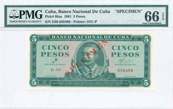 CUBA: Specimen of 5 Pesos (1961) in dull ... 