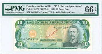 DOMINICAN REPUBLIC: Specimen of 10 Pesos Oro ... 