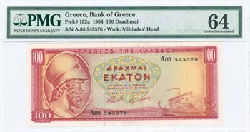 GREECE: 100 Drachmas (31.3.1954) in red on ... 