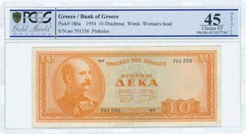 GREECE: 10 Drachmas (15.5.1954) in orange ... 