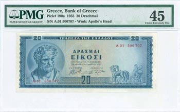GREECE: 20 Drachmas (1.3.1955) in blue with ... 