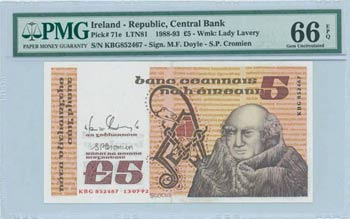 IRELAND: 5 Pounds (13.7.1992) in brown and ... 