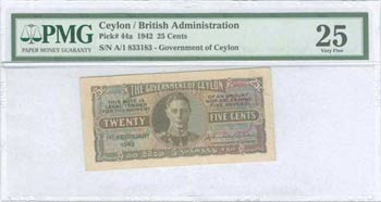 CEYLON: 25 Cents (1.2.1942) in brown and ... 