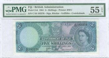 FIJI: 5 Shillings (1.9.1964) in gray-blue on ... 