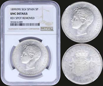 SPAIN: 5 Pesetas {1899(99)} in silver ... 