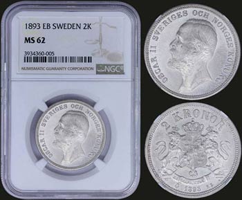 SWEDEN: 2 Kronor (1893 EB) in silver (0,800) ... 