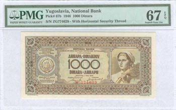 YUGOSLAVIA: 1000 Dinara (1.5.1946) in brown ... 
