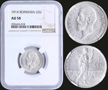ROMANIA: 1 Leu (1914) in silver (0,835) with ... 