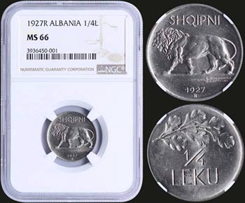 ALBANIA: 1/4 Leku (1927 R) in nickel with ... 