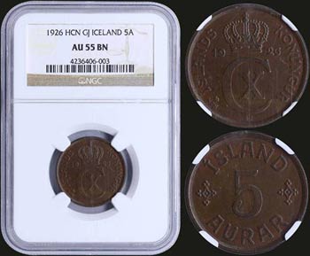 ICELAND: 5 Aurar (1926 HCN GJ) in bronze ... 