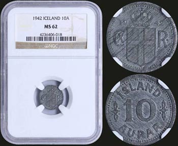ICELAND: 10 Aurar (1942) in zinc with ... 