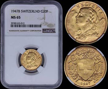 SWITZERLAND: 20 Francs (1947 B) in gold ... 