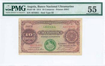 ANGOLA: 10 Centavos (5.11.1914) in purple ... 