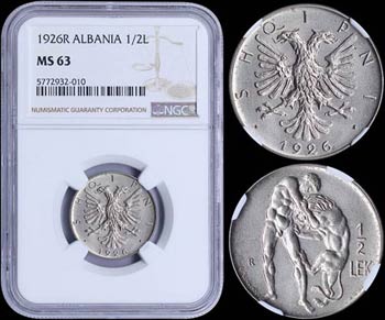 ALBANIA: 1/2 Lek (1926 R) in nickel with two ... 