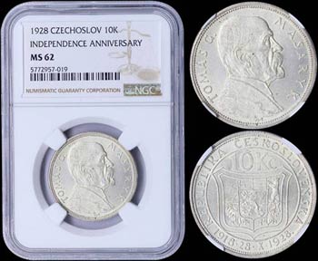 CZECHOSLOVAKIA: 10 Korun (1928) in silver ... 