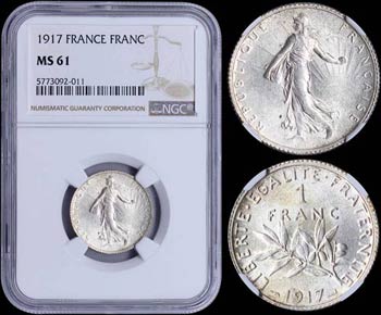 FRANCE: 1 Franc (1917) in silver (0,835) ... 