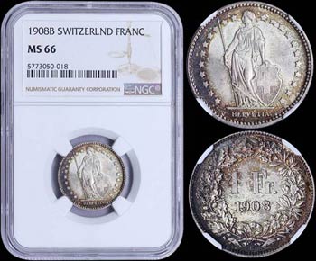 SWITZERLAND: 1 Franc (1908 B) in silver ... 