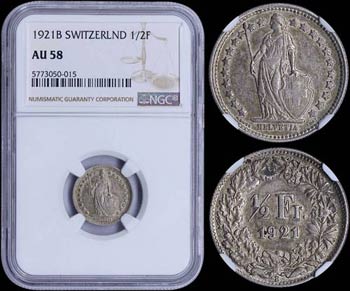 SWITZERLAND: 1/2 Franc (1921 B) in silver ... 