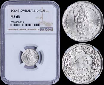 SWITZERLAND: 1/2 Franc (1964 B) in silver ... 