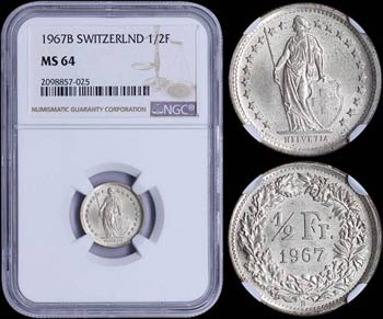 SWITZERLAND: 1/2 Franc (1967 B) in silver ... 