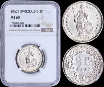 SWITZERLAND: 2 Francs (1967 B) in silver ... 