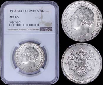 YUGOSLAVIA: 20 Dinara (1931) in silver ... 
