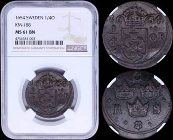 SWEDEN: 1/4 Ore (1654) in copper with three ... 