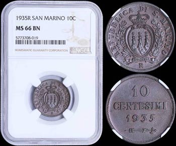 SAN MARINO: 10 Centesimi (1935 R) in bronze ... 