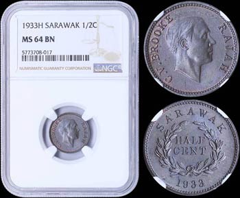 SARAWAK: 1/2 Cent (1933 H) in bronze with ... 