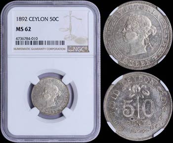 CEYLON: 50 Cents (1892) in silver (0,800) ... 