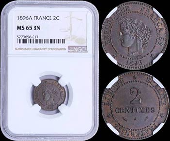FRANCE: 2 Centimes (1896 A) in bronze with ... 