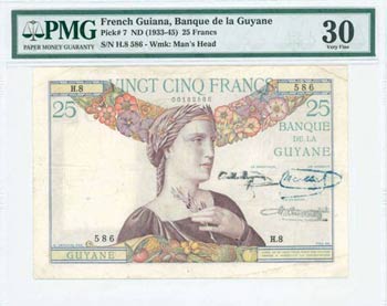 FRENCH GUIANA: 25 Francs (ND 1940) in purple ... 