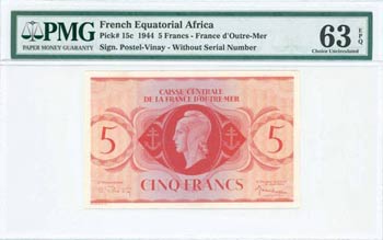 FRENCH EQUATORIAL AFRICA: 5 Francs ... 