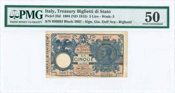ITALY: 5 Lire (ND 1904 - 17.6.1915 issued) ... 
