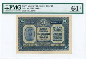 ITALY: 10 Lire (2.1.1918) in blue with ... 